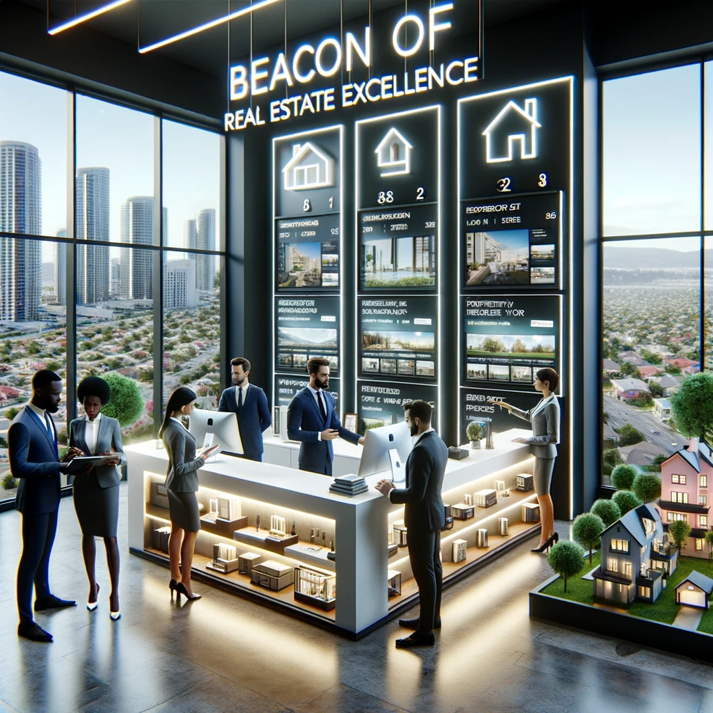 Professionals interacting in a state-of-the-art real estate office with a prominent 'Beacon of Real Estate Excellence' sign, showcasing property listings and cityscape.