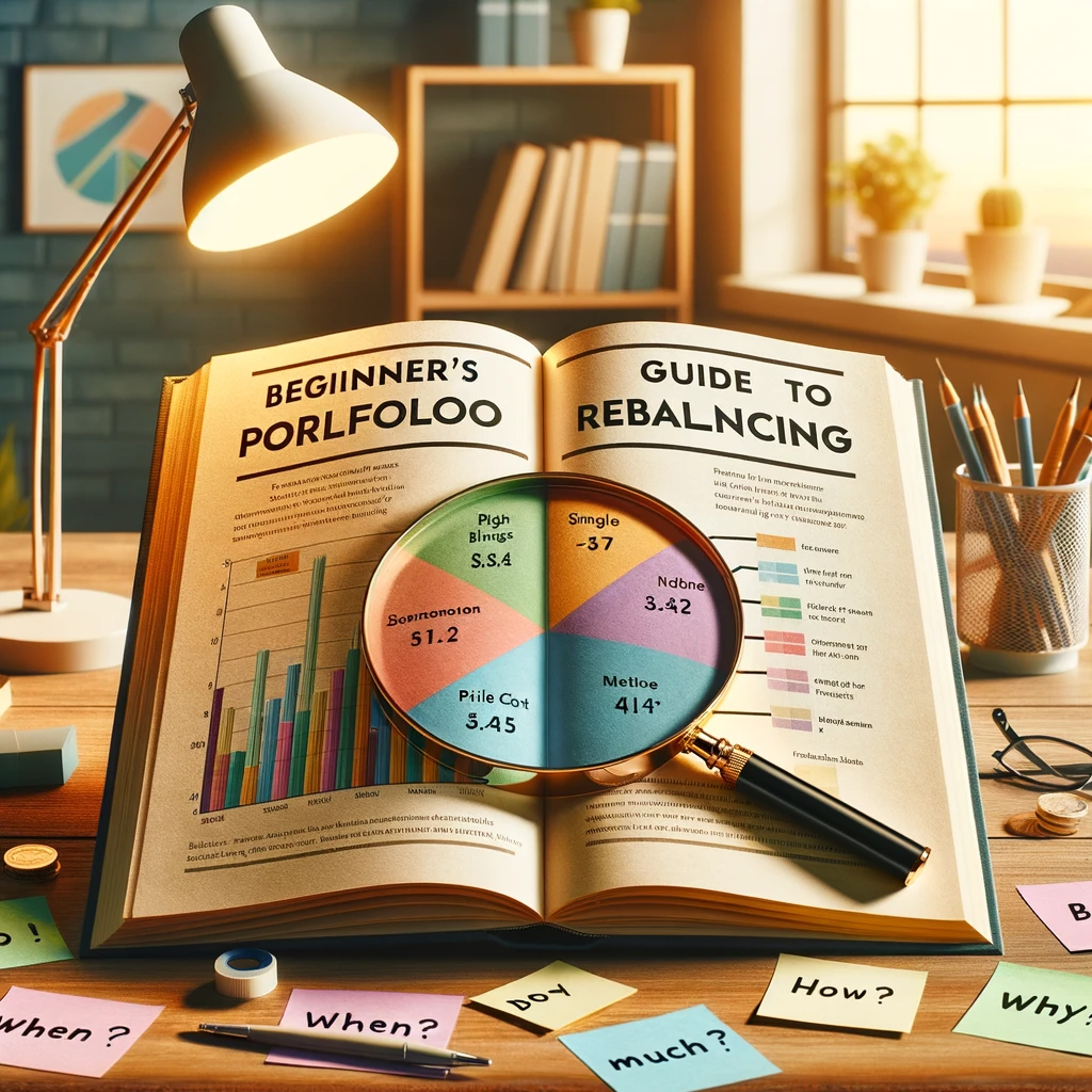 Bright study room featuring an open book titled 'Beginner's Guide to Portfolio Rebalancing' with a pie chart and magnifying glass, surrounded by colorful sticky notes with beginner's questions.