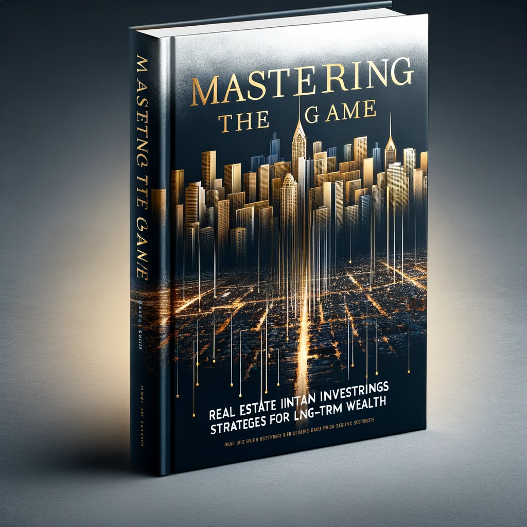 Book cover titled "Mastering the Game: Real Estate Investing Strategies for Long-term Wealth," featuring a city skyline in the background with gold, black, and white color scheme.