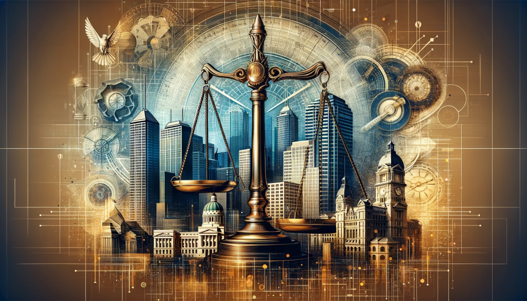 Cover image combining legal symbols like scales of justice and legal documents with Indianapolis's iconic features, reflecting legal aspects of property management.